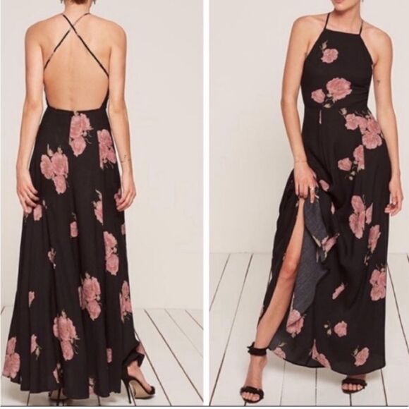 Reformation Myrtle Maxi Black Dress Floral Backless Tank Size 8 - Picture 4 of 8